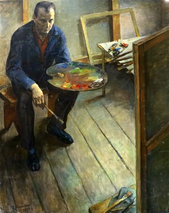 Vladimir Andreevich Mineiko (b.1925) Self portrait of the artist seated in his studio 72 x 59cm, unframed